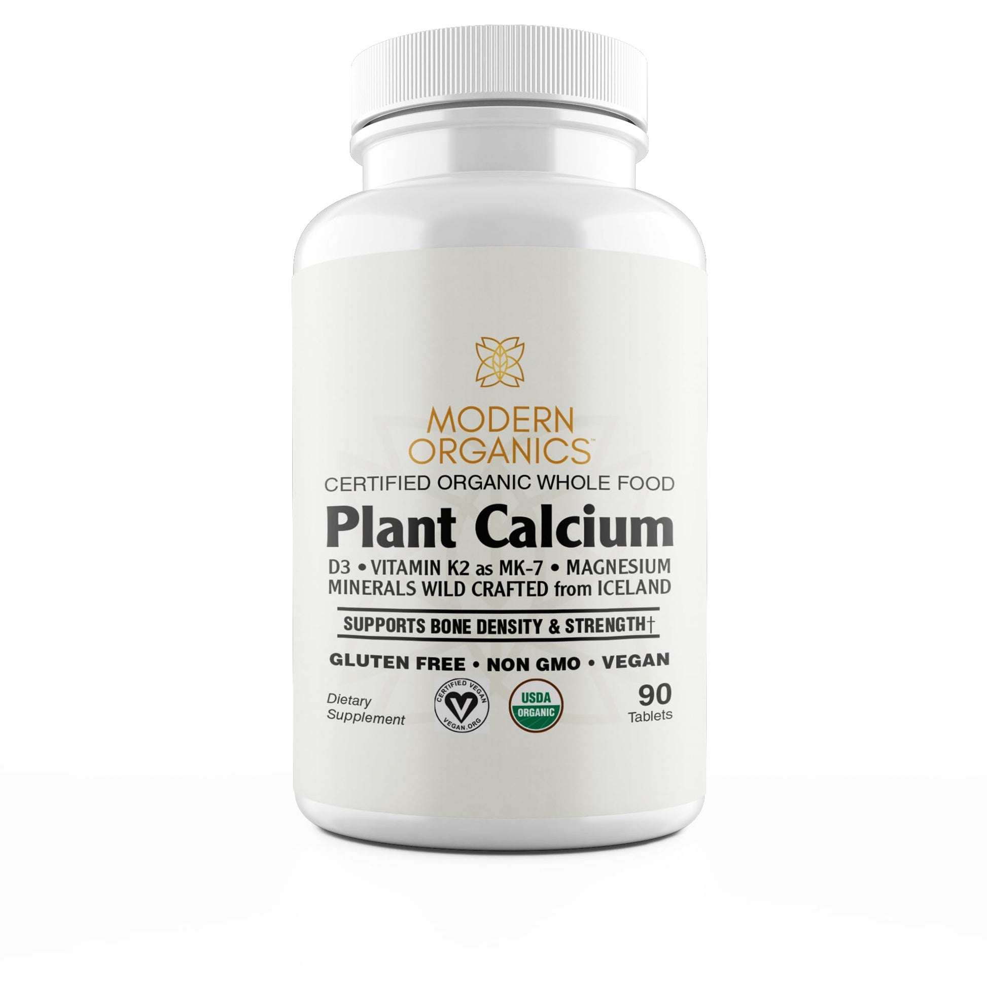 Modern Organics Plant Calcium 1000mg Certified Organic Whole Food Calcium from Organic Icelandic Red Algae with Vitamin D3, Vitamin K2 and Magnesium, 72 Trace Minerals, 90 Vegan Tablets