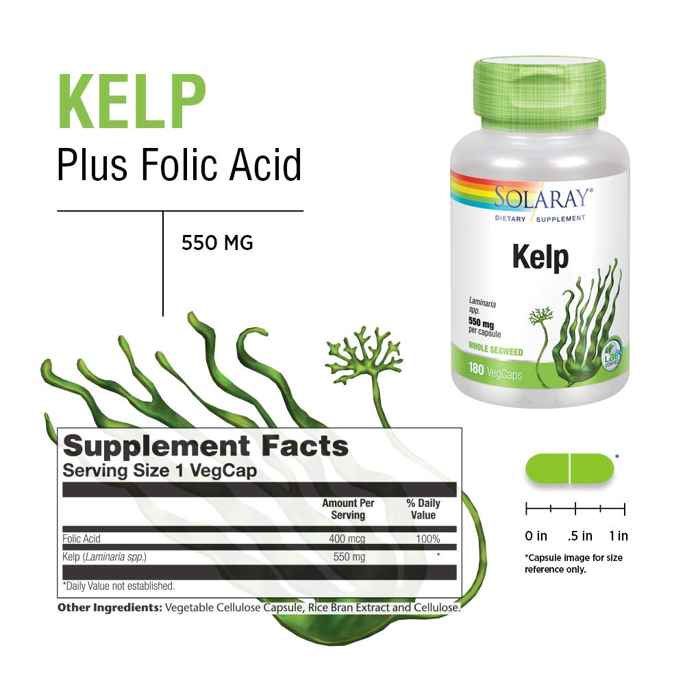 SOLARAY Kelp 550 mg with Folic Acid for Healthy Thyroid Function, Energy & Metabolism Support Capsule, 180 Count