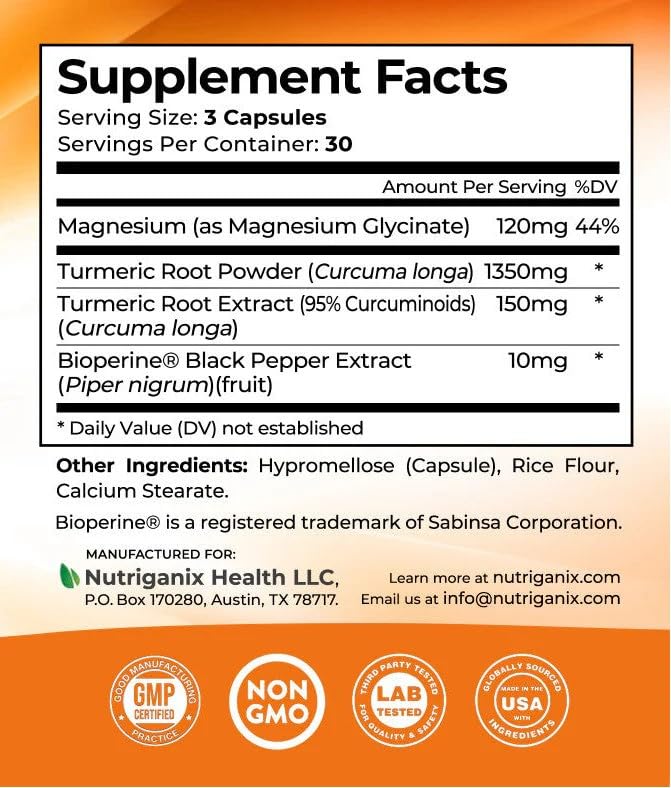 Nutriganix Turmeric Tranquility Curcumin & Magnesium Glycinate with BioPerine 90 Capsules