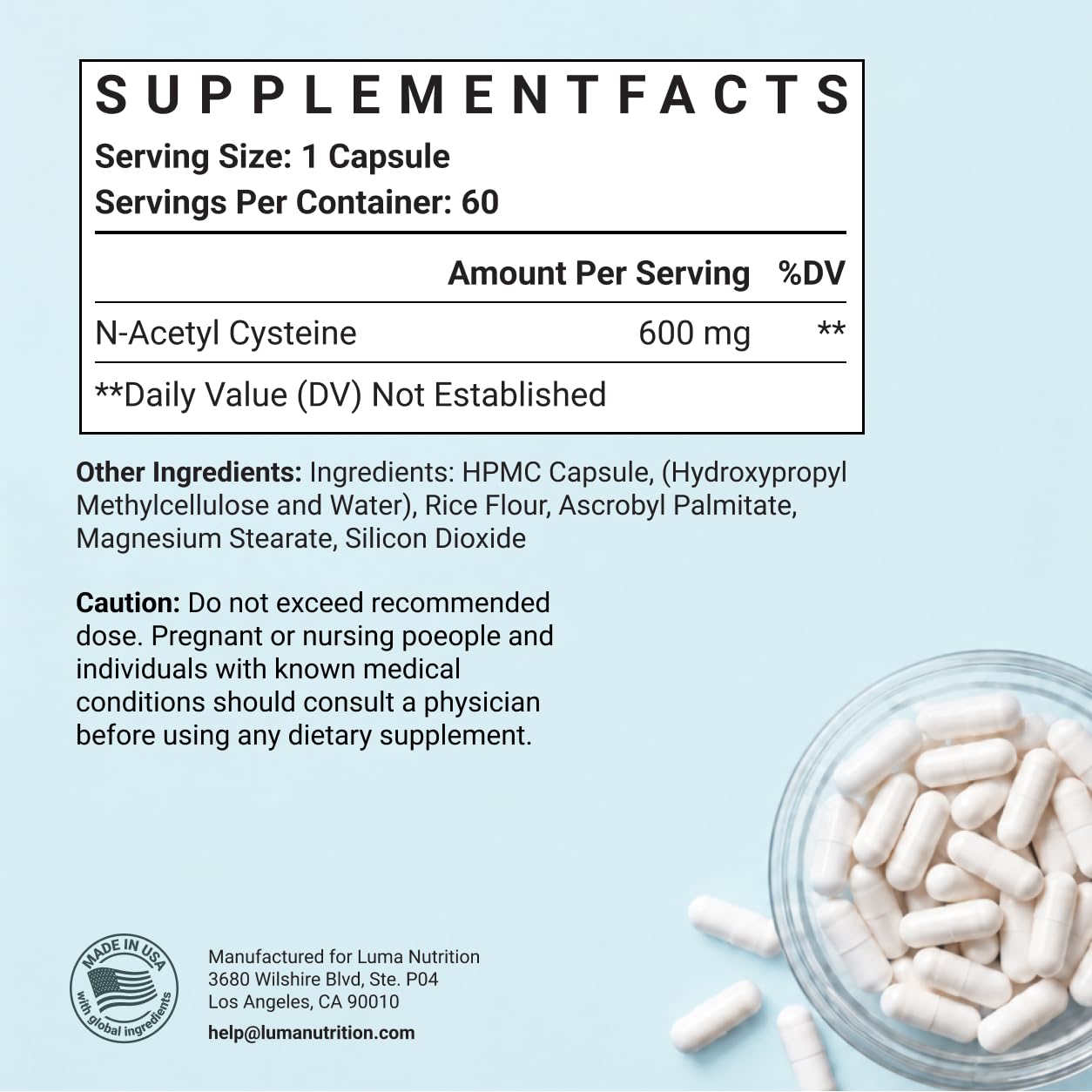 Luma Nutrition NAC Supplement N-Acetyl Cysteine 600 mg Capsule 60 Capsules