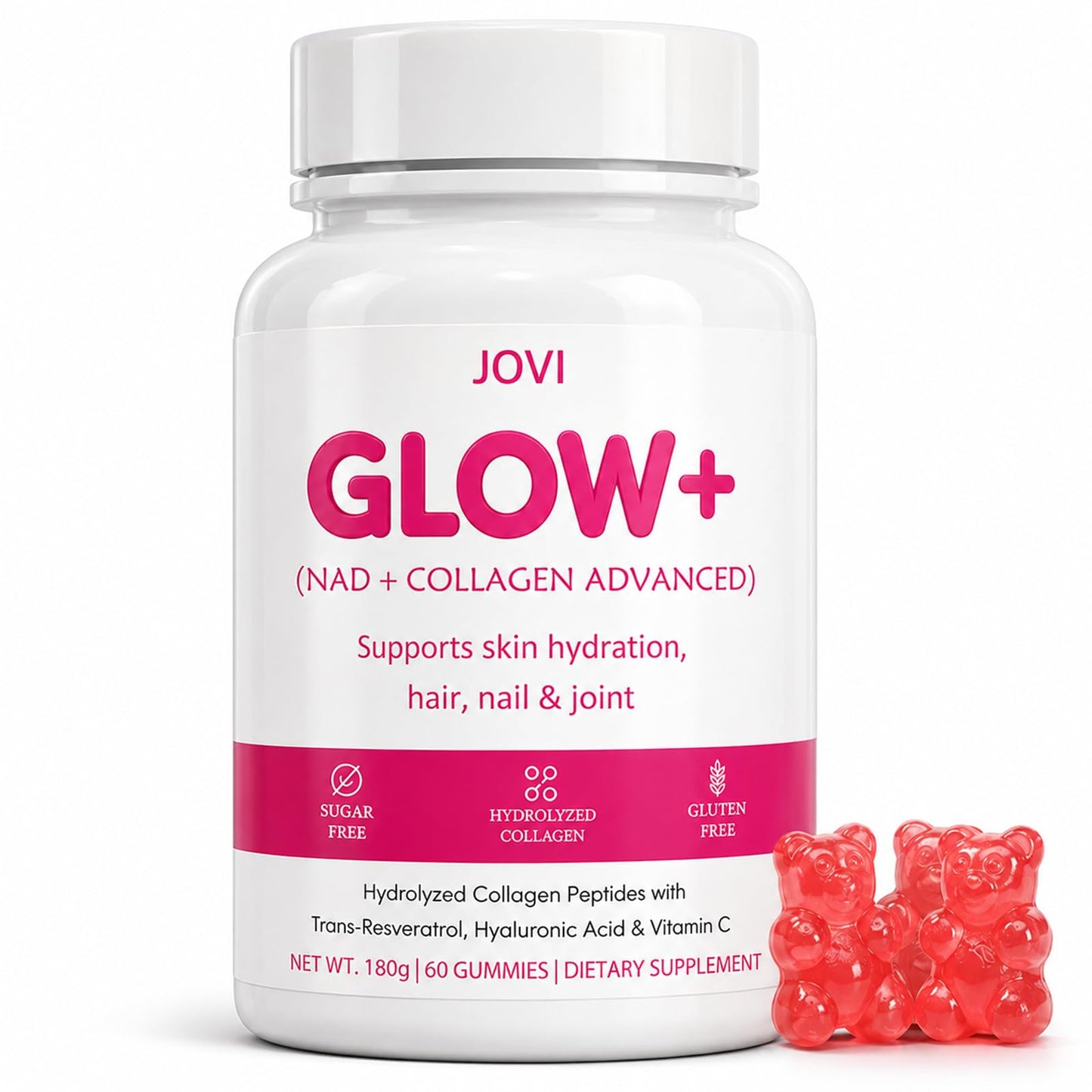 KFASJON Jovi Glow+ NAD+ Hydrolyzed Collagen Advanced Gummies - Advanced Absorption Multi-Type Peptides with Resveratrol, Hyaluronic Acid, Vitamin C & E, Skin, Hair & Nail Support, 60 Gummies