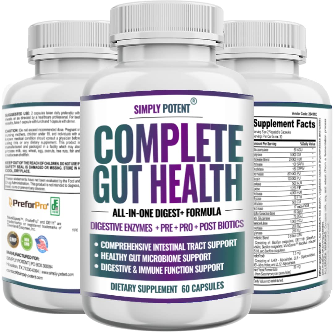Simply Potent Digestive Enzymes with Prebiotics, Probiotics & Postbiotics 4-in-1 Complete Gut Health Formula 60 Capsules