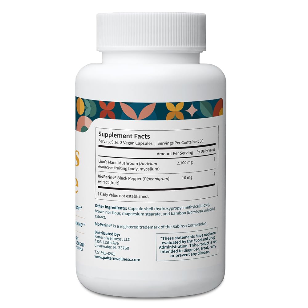 Pattern Wellness Lion’s Mane Mushroom Supplement Capsules 90 Capsules