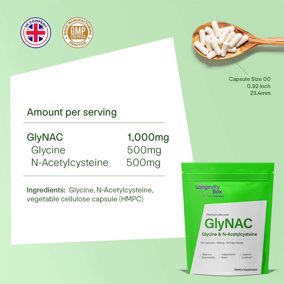 Longevity Box Ultra Pure GlyNAC Supplement 1000mg (500mg Glycine + 500mg N-Acetyl Cysteine) - Glutathione Precursor, 120 Capsules