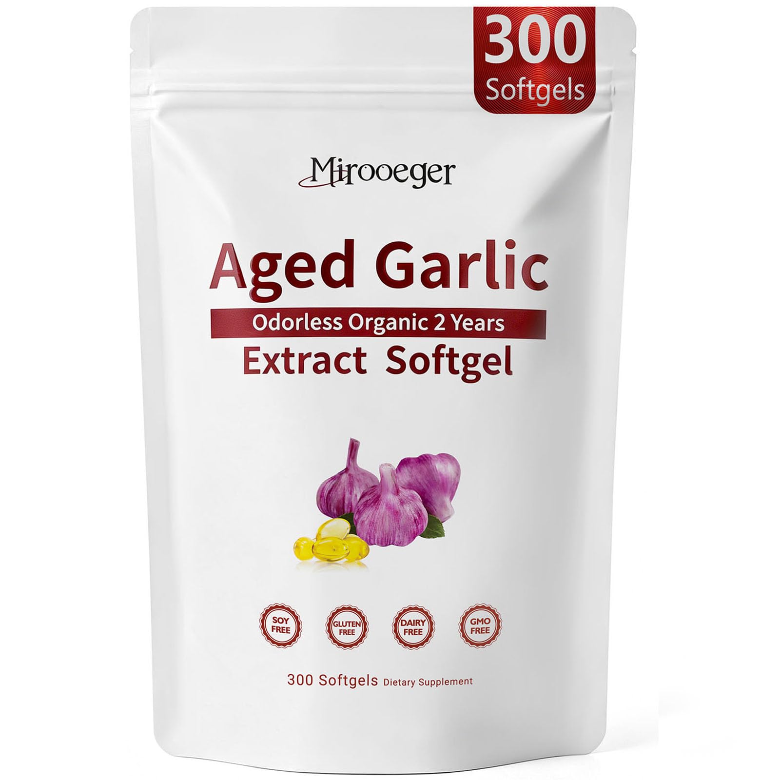 Mirooeger 20:1 Extract Aged Garlic Extract Softgel Capsules, 300 Count
