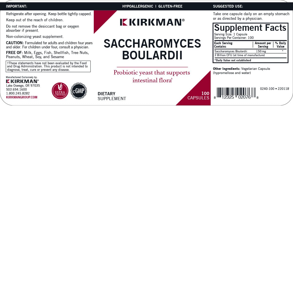 Kirkman Saccharomyces boulardii 3 Billion CFU Capsule 100 Capsules