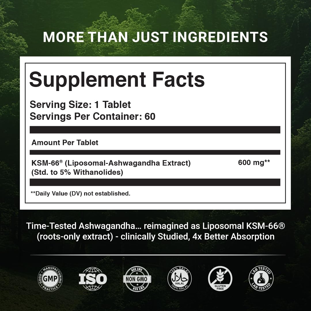 The Wellness Project Liposomal KSM-66 Ashwagandha 600mg (Root-only Extract), 60 Tablets