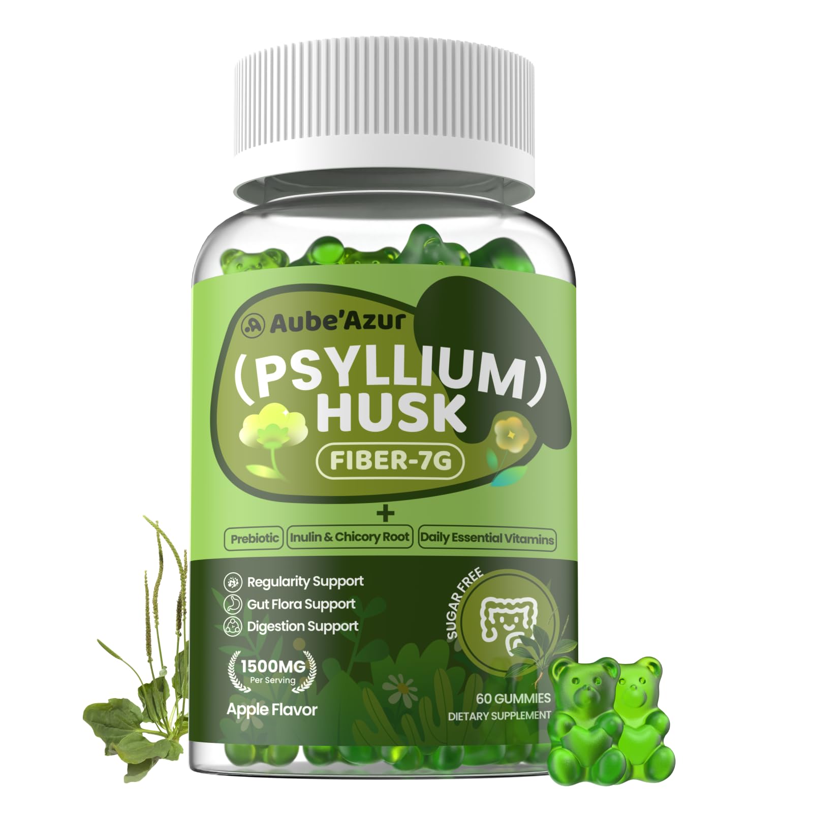 Aube'Azur Psyllium Husk + Fiber Gummies, Sugar Free, 60 Gummies