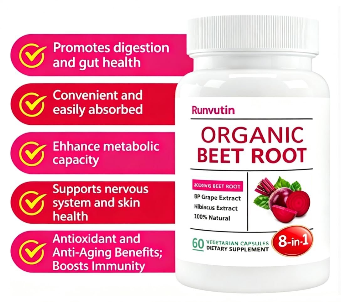 Runvutin Organic Beet Root Capsules 2000mg Beet Root Powder, Blood Pressure & Nitric Oxide Support, Digestive Health, 120 Capsules