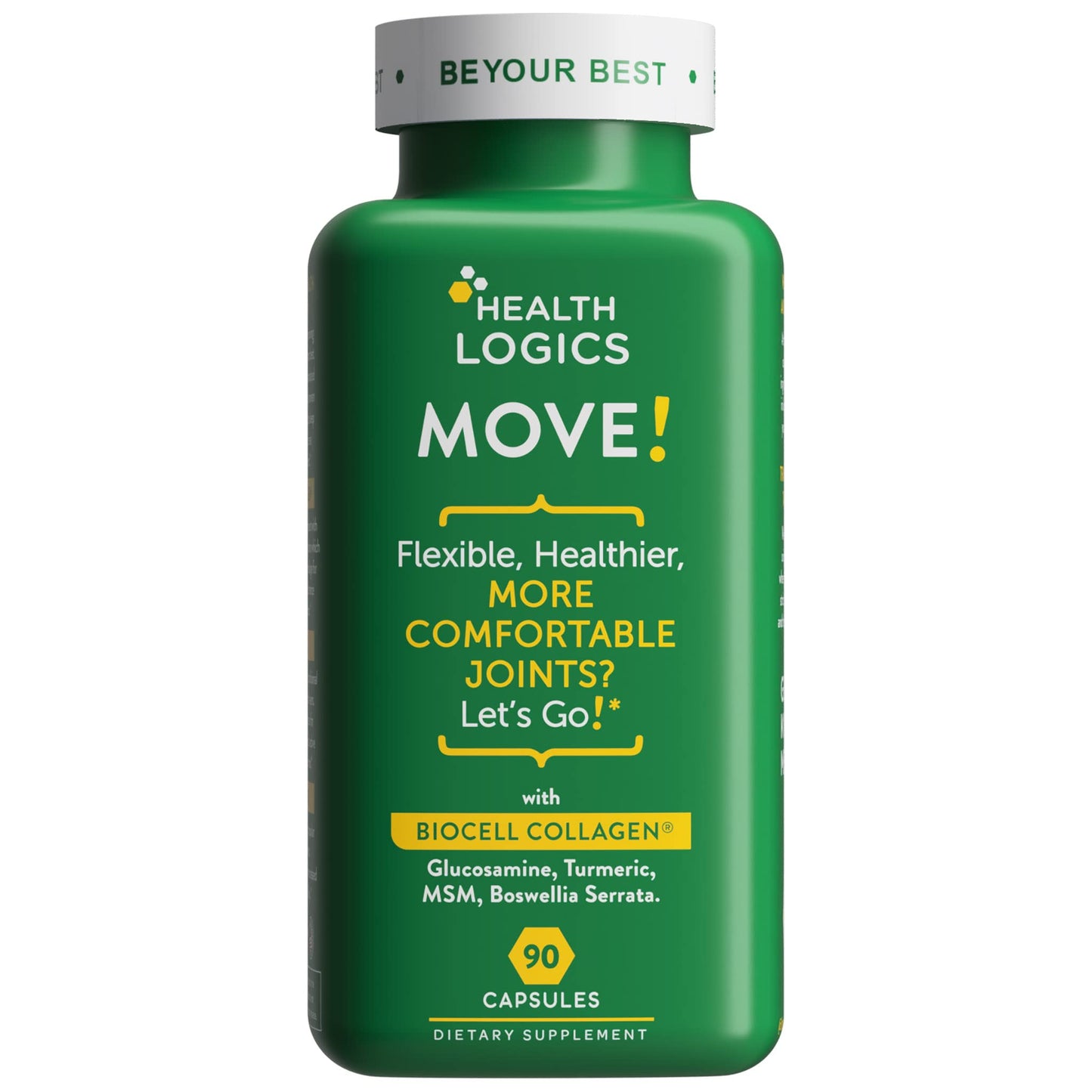 Health Logics Move! Healthy Joints with BioCell Collagen, Glucosamine, MSM, Vitamin C, Turmeric Extract 95% Curcuminoids, Boswellia Serrata, 90 Capsules