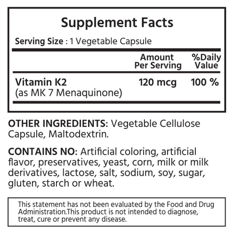 ML Naturals Vitamin K2 MK-7 120mcg Capsules, 120 Count