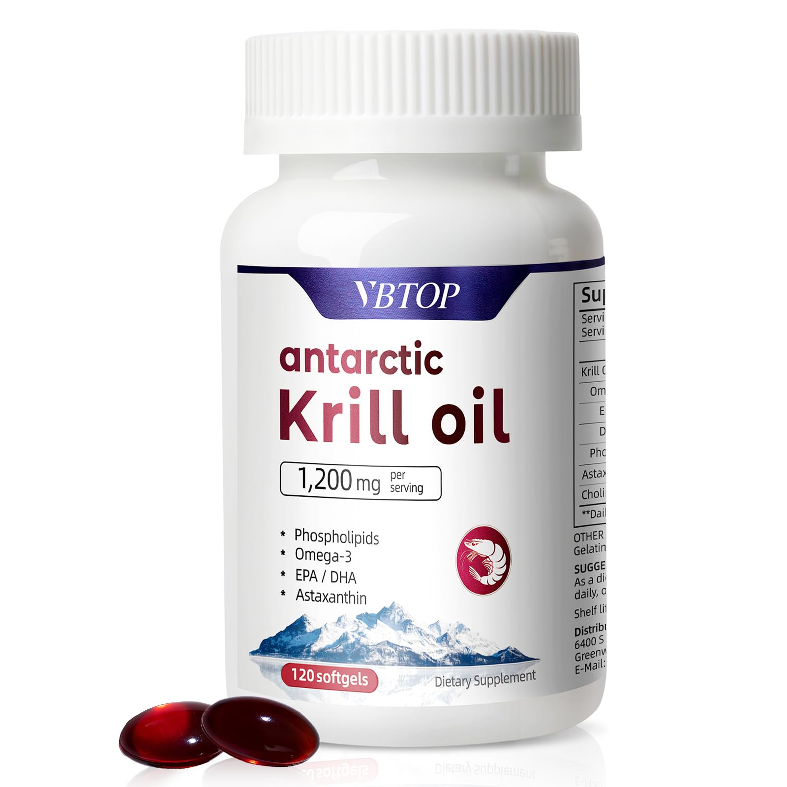 VBTOP Antarctic Krill Oil 1200mg, Omega-3 EPA DHA, Astaxanthin Softgel, 120