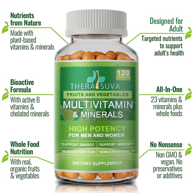 TheraSuva All Natural Multivitamins & Minerals + B Complex + Calcium + Magnesium + Zinc, 100% Vegan Sourced Whole Food Supplement, Complete Nutritional Support for Men & Women, 2 Month Supply Softgels 120