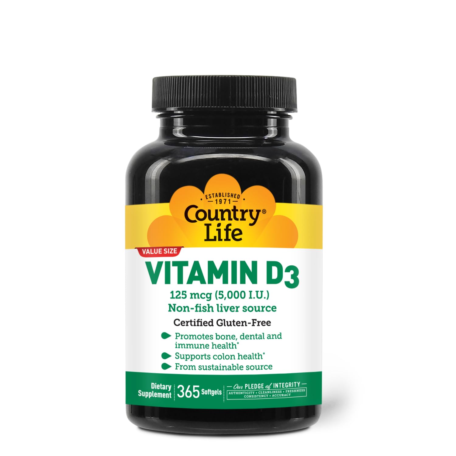 Country Life Vitamin D3 5000 IU High Potency, Non-Fish Source, Supports Bone Health, Immune Function & Calcium Absorption Softgels, 365 Count