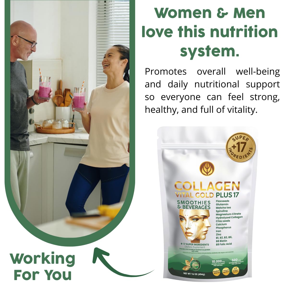 Gold Vital Life Collagen Peptides Powder Mint & Lemon Flavor, 16 oz
