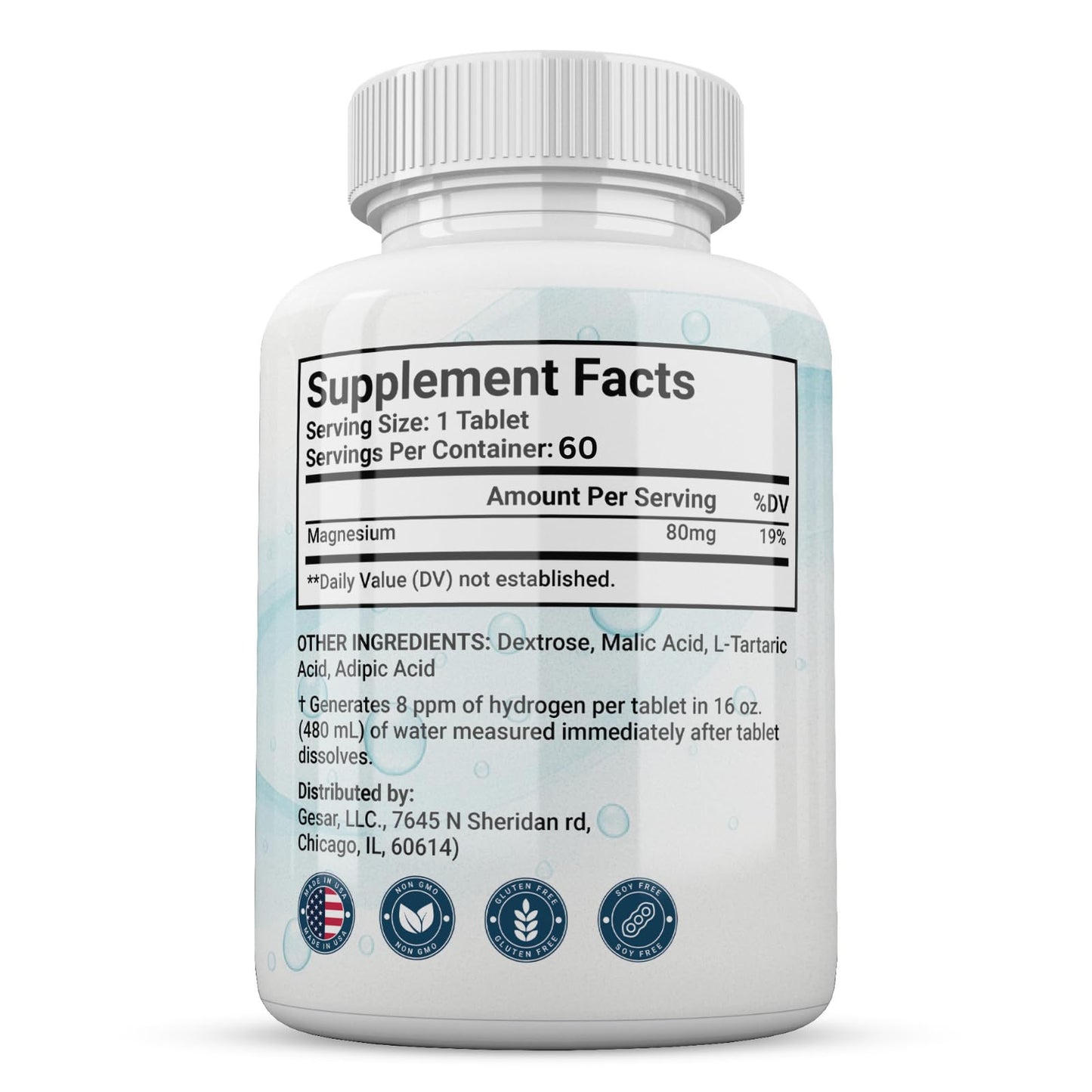 Gi.Da.Culture Molecular Hydrogen Water Tablets (8 ppm) Magnesium, Malic & L-Tartaric Acid Hydration & Antioxidant Supplement Energy Support, 60 Tablets