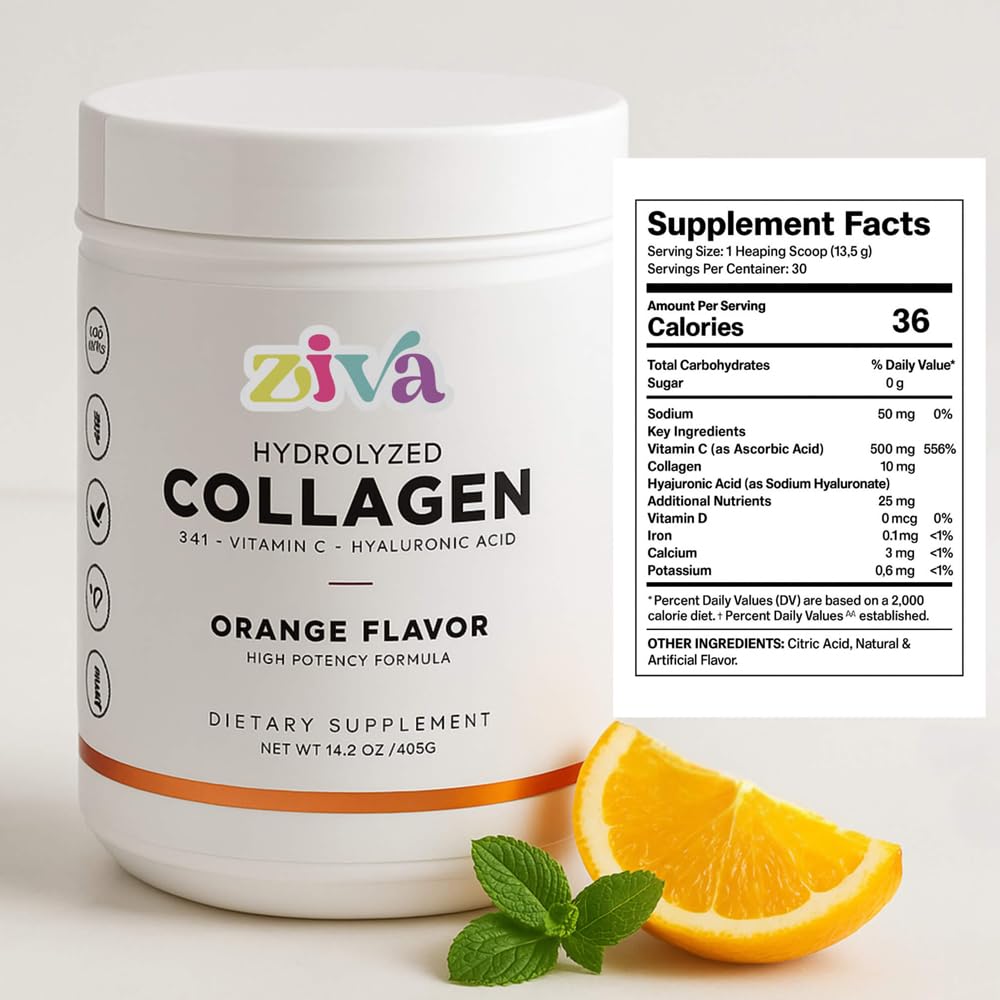 ZIVA Hydrolyzed Collagen – Orange Flavor Powder 14.2 Ounce