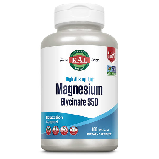 KAL Magnesium Glycinate Capsules, Fully Chelated Magnesium Bisglycinate, High Absorption Magnesium Supplement, Non-GMO, 160 Capsules