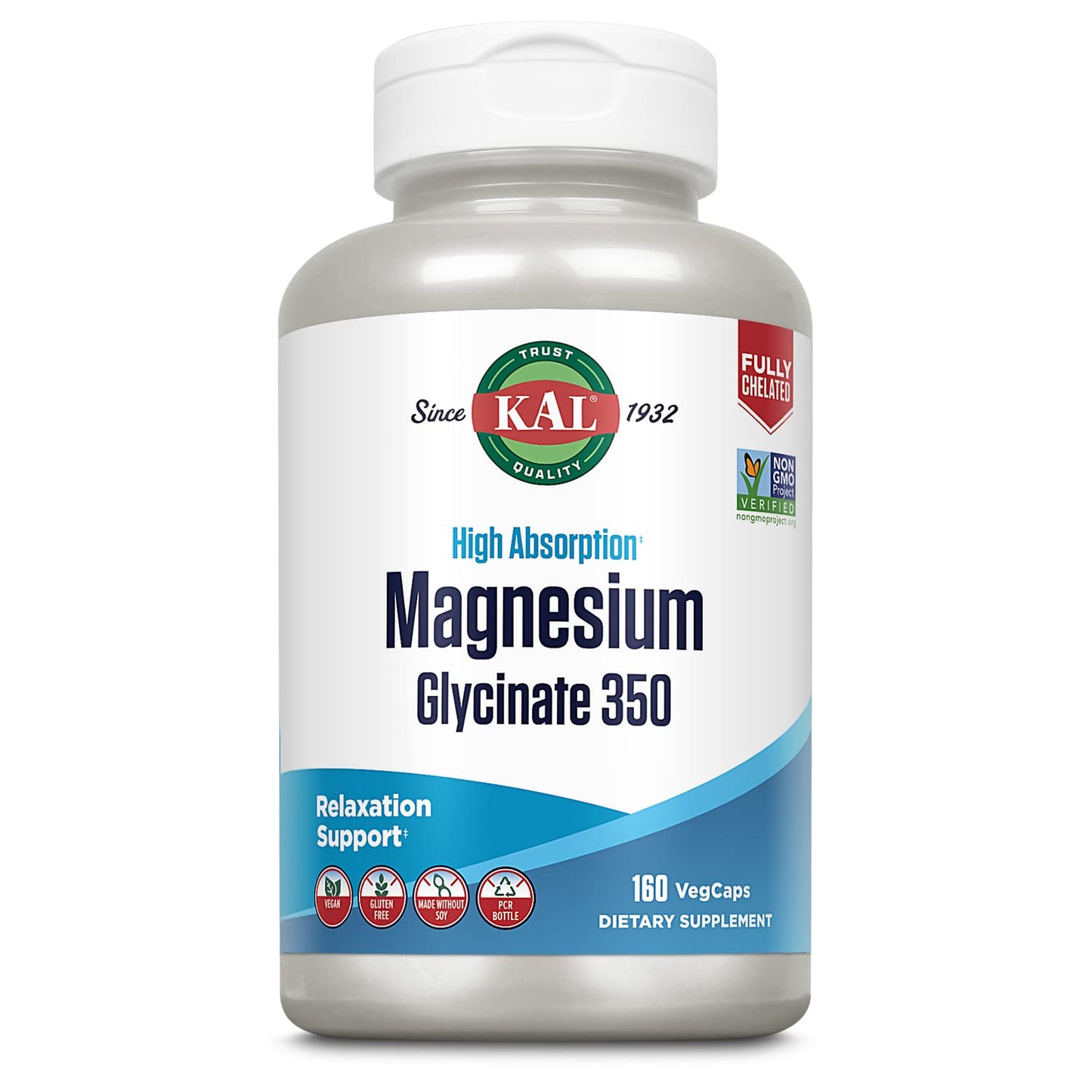 KAL Magnesium Glycinate Capsules, Fully Chelated Magnesium Bisglycinate, High Absorption Magnesium Supplement, Non-GMO, 160 Count