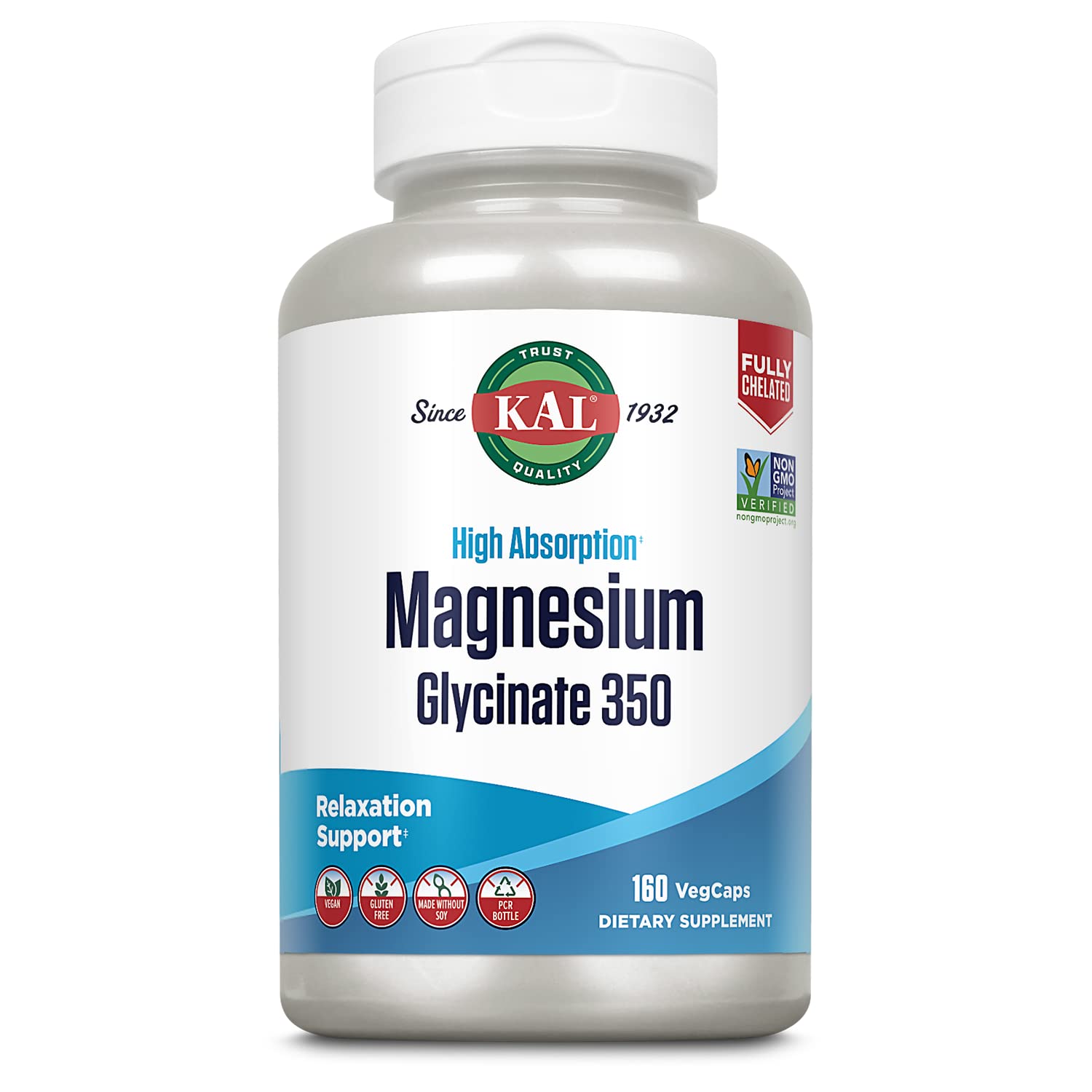 KAL Magnesium Glycinate Capsules, Fully Chelated Magnesium Bisglycinate, High Absorption Magnesium Supplement, Non-GMO, 160 Count