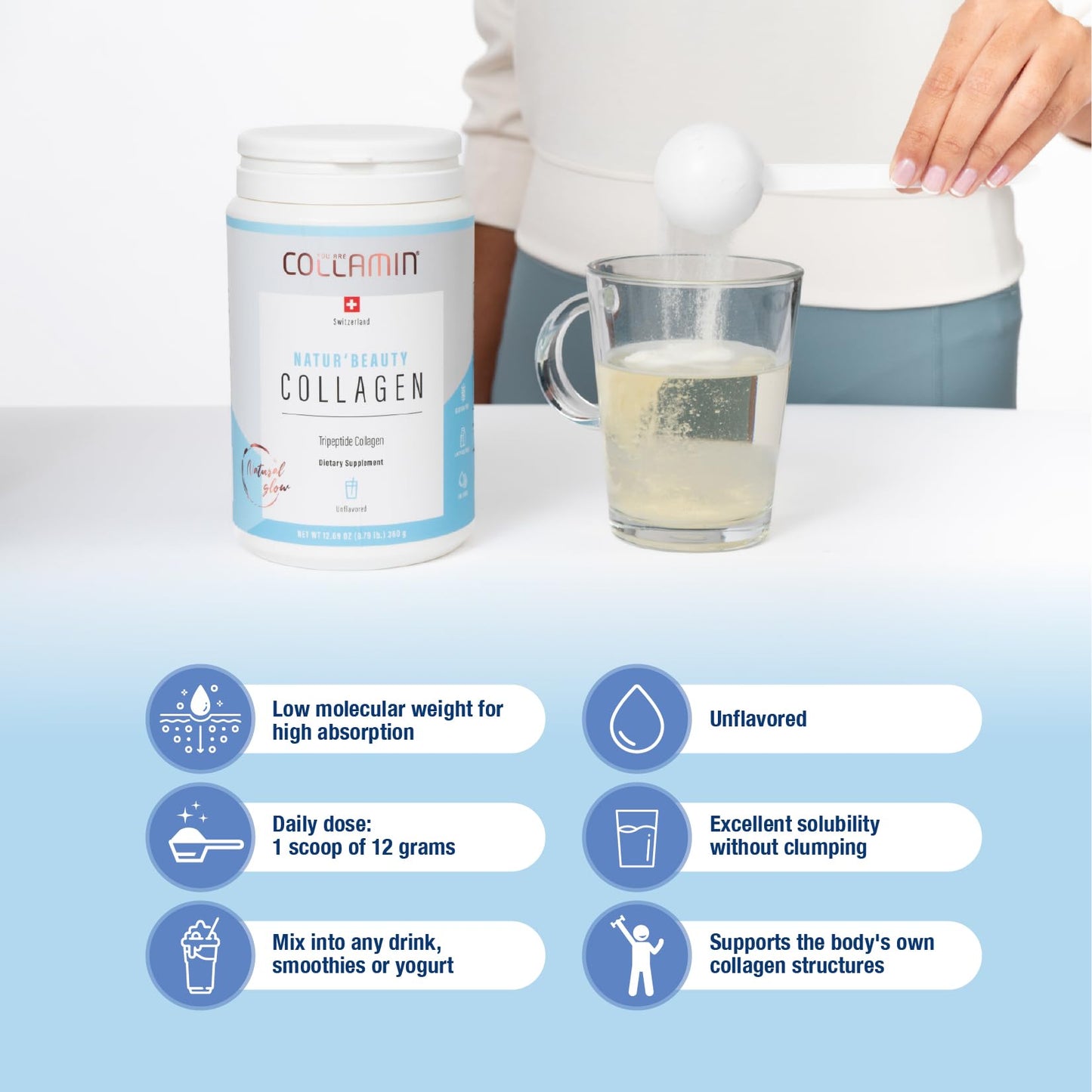 Collamin Natur’Beauty Collagen Premium Hydrolyzed Tripeptide Powder from Grass-Fed Swiss Bovine High Absorption with Essential Amino Acids Supports Skin, Hair, Nails, Joints 18 Tablets