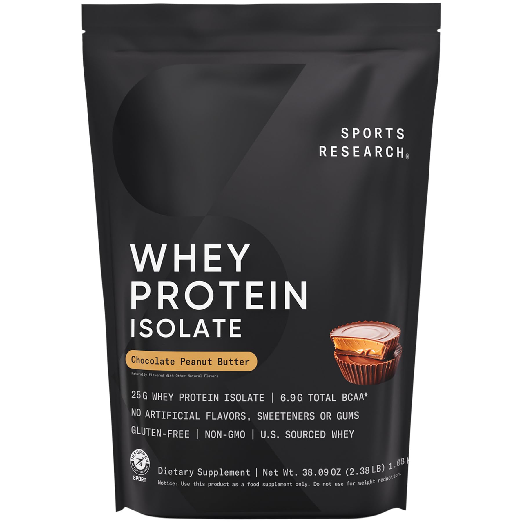 Sports Research 100% Whey Protein Isolate Chocolate Peanut Butter Protein Powder, 2.38 Pound