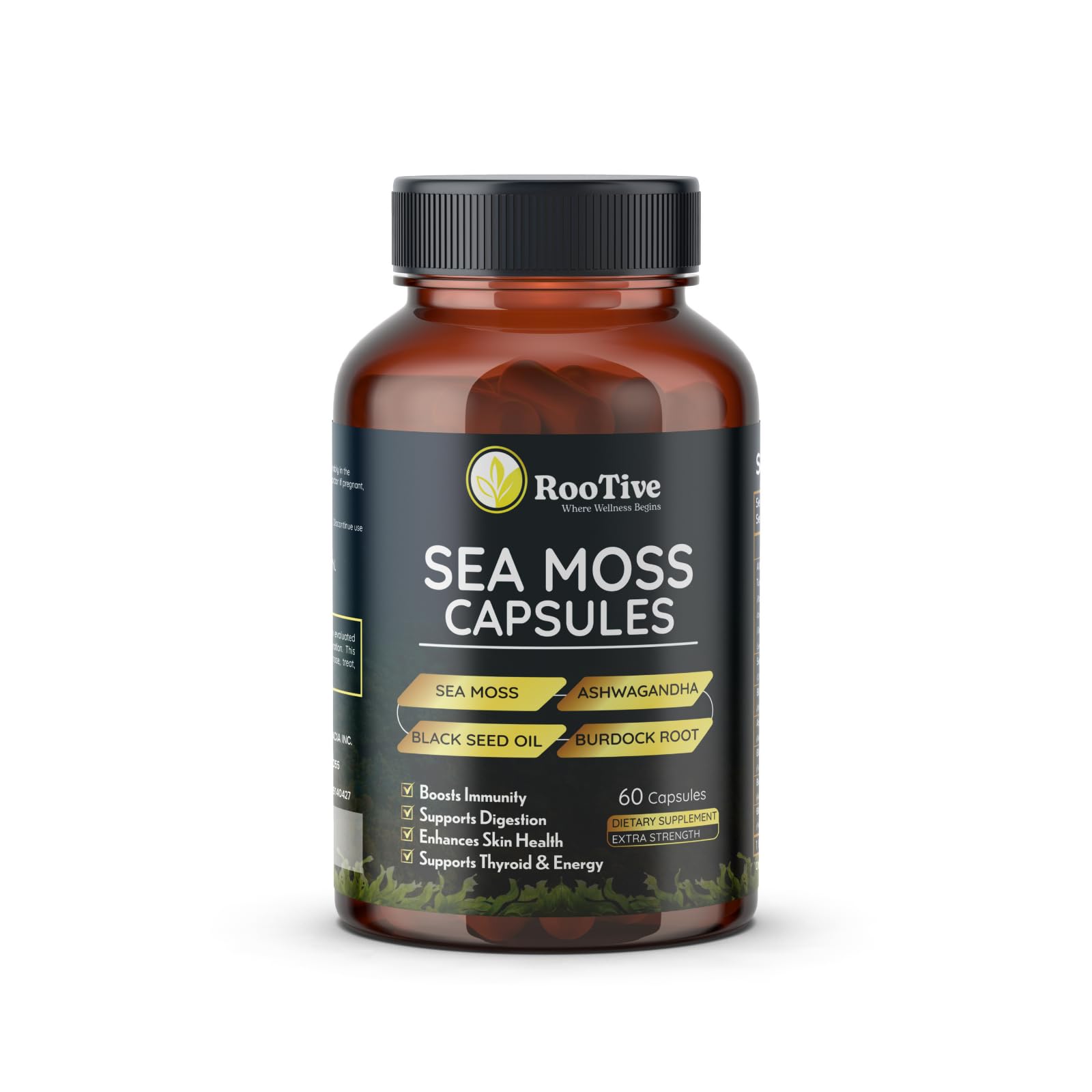 ROOTIVE Sea Moss Capsules with Ashwagandha, Black Seed, Turmeric, Burdock Root, Bladderwrack, Apple Cider Vinegar & Manuka Honey, Irish Sea Moss Supplement, 60 Capsules
