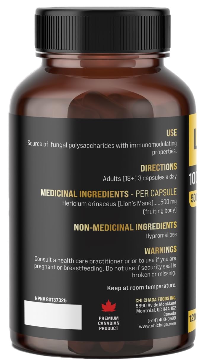 CHI CHAGA Lion’s Mane Mushroom Premium Nootropic Supplement 120 Capsules