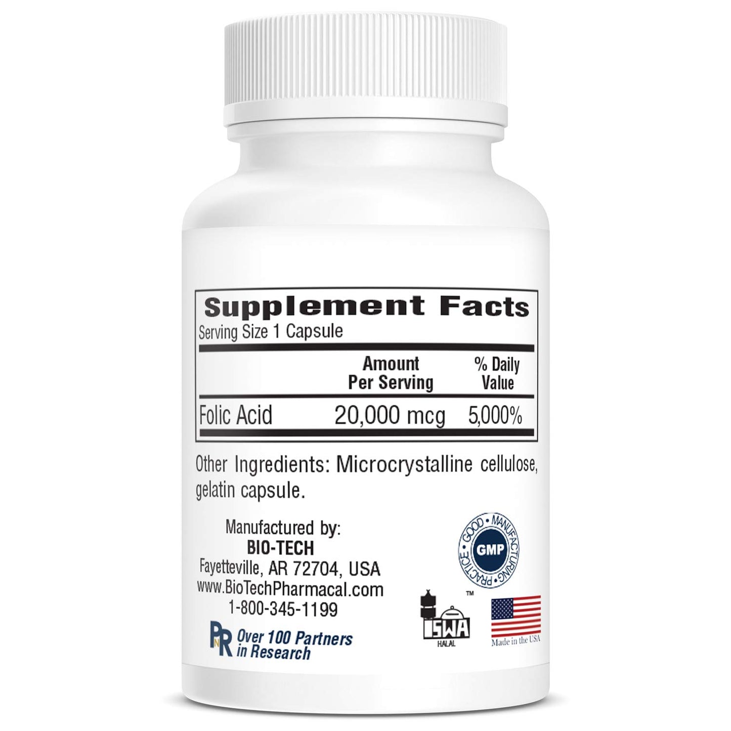 Bio-Tech Pharmacal Folic Acid 20mg Capsule, 100 Count