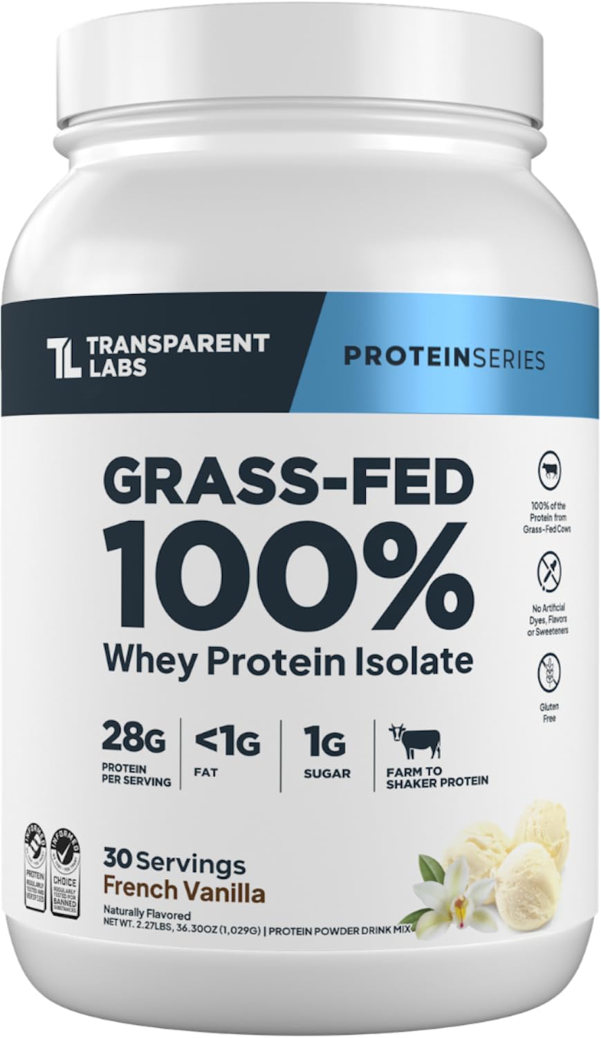 Transparent Labs Grass-Fed Whey Protein Isolate Powder, 30 Servings