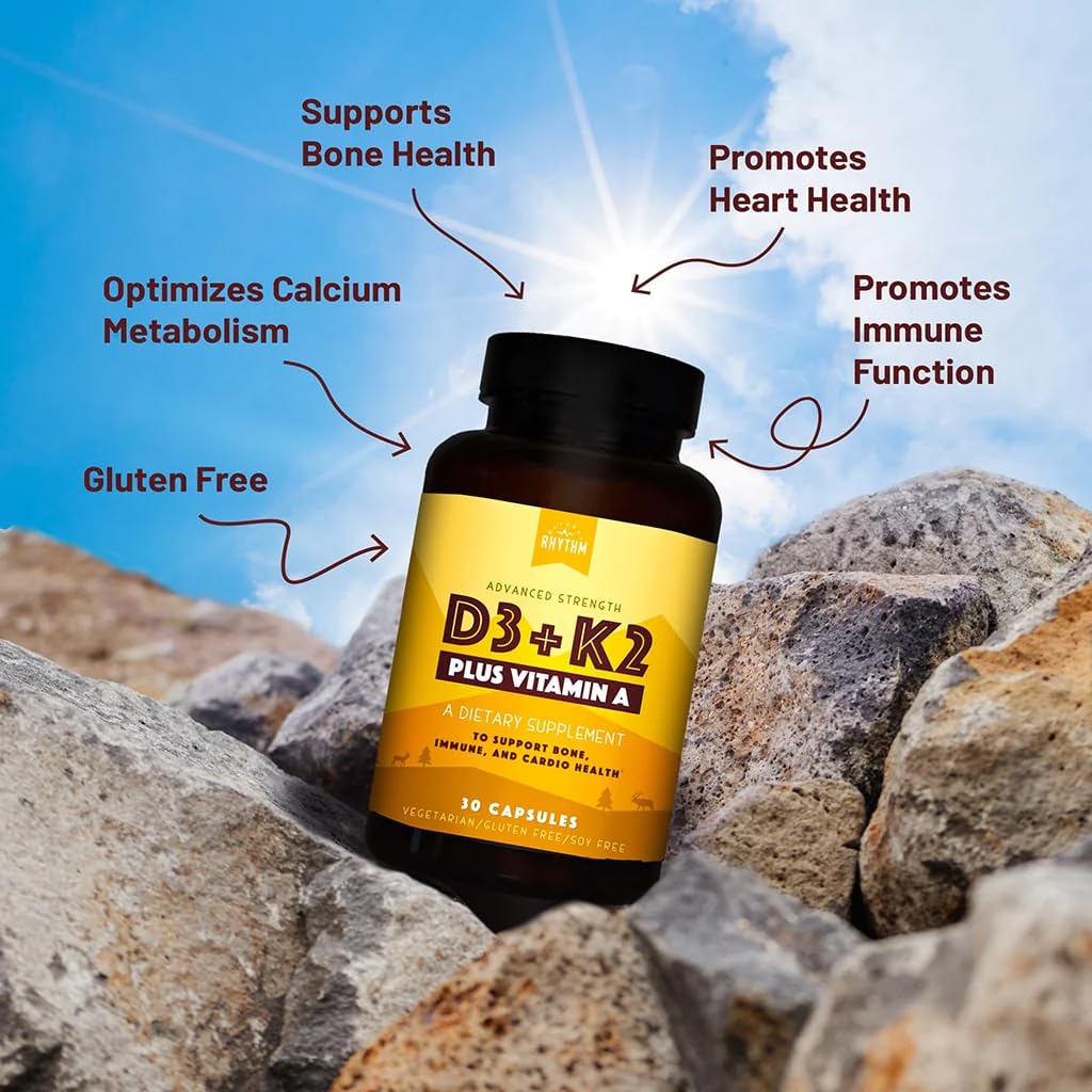 Natural Rhythm Vitamin D3 5000 IU + K2 MK-7 Plus Vitamin A – Bone & Immune Support Capsules, 30 Count