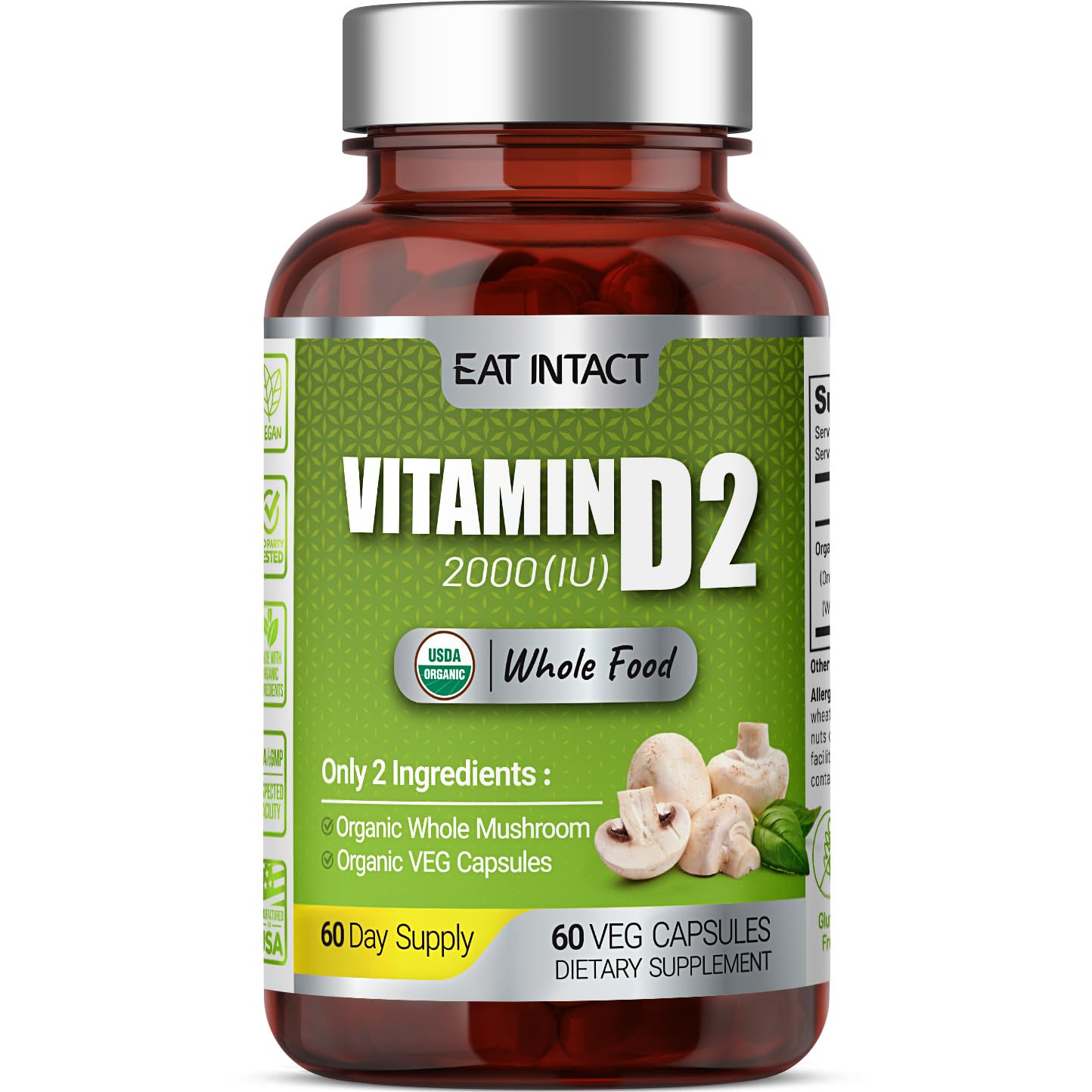 EAT INTACT USDA Organic Vegan Whole Food Vitamin D (D2), 2000 IU (50 mcg) Capsules, 60 Count