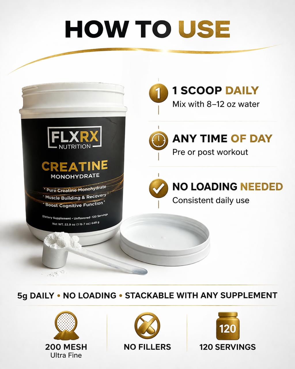FLXRX Nutrition Creatine Monohydrate Powder, 120 Servings