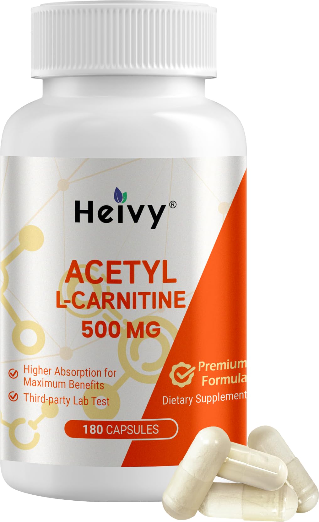 Heivy Pure Acetyl L-Carnitine 500mg Capsules, 180 Count