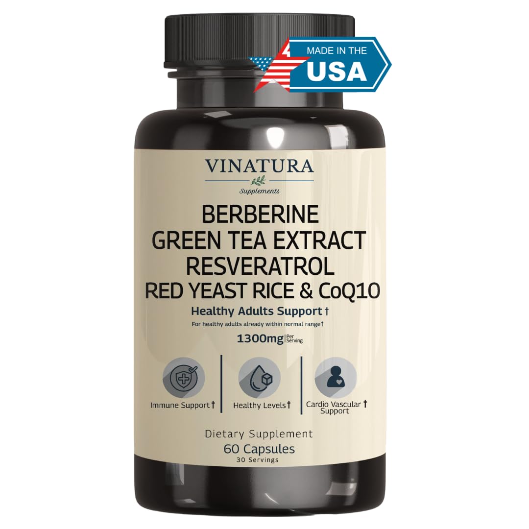 VINATURA Berberine HCL & Ceylon Cinnamon - Red Yeast Rice & CoQ10 1300mg per Serving Capsules 60 Count