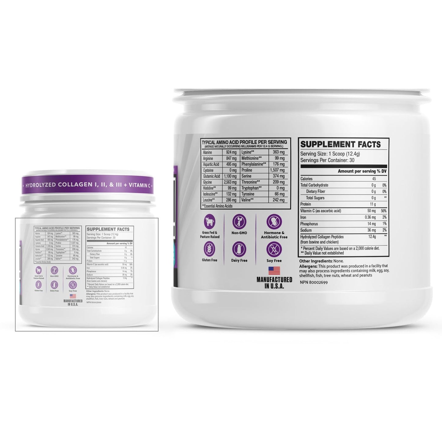 INVIGOR8 Collagen Peptides Powder Hydrolyzed with Vitamin C Type I, II, & III, Unflavored Non-GMO Grass-Fed 13.1 Ounce