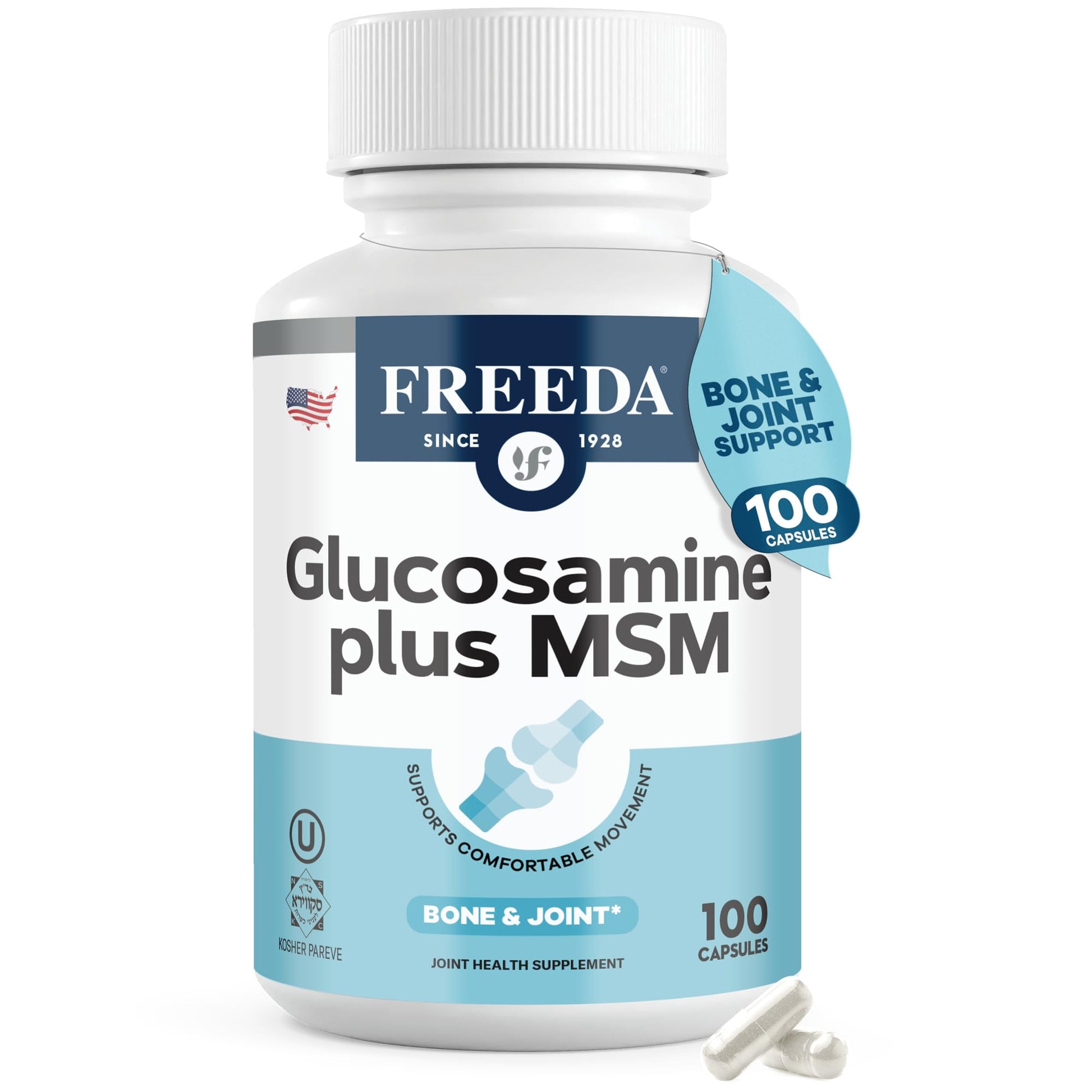 FREEDA Glucosamine 1500mg + MSM 750mg for Bone & Joint Support Capsules, 100 Count