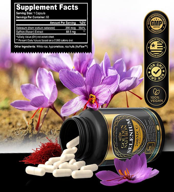 Golden Saffron Selenium (200mcg Selenium & 88.5 mg Saffron Extract) Capsules 60