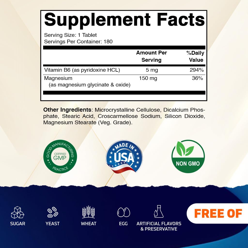 Vitamatic Magnesium with B6-180 Vegetarian Tablets (Uncoated) - Added B6 for Maximum Absorption - Supports Muscle, Joint, and Heart Health, 540 Tablets