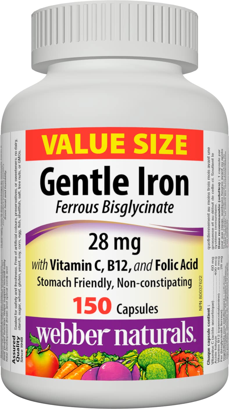 Webber Naturals Gentle Iron Supplement with Vitamin C, B12 and Folic Acid, 28 mg, Capsules, 150 Count