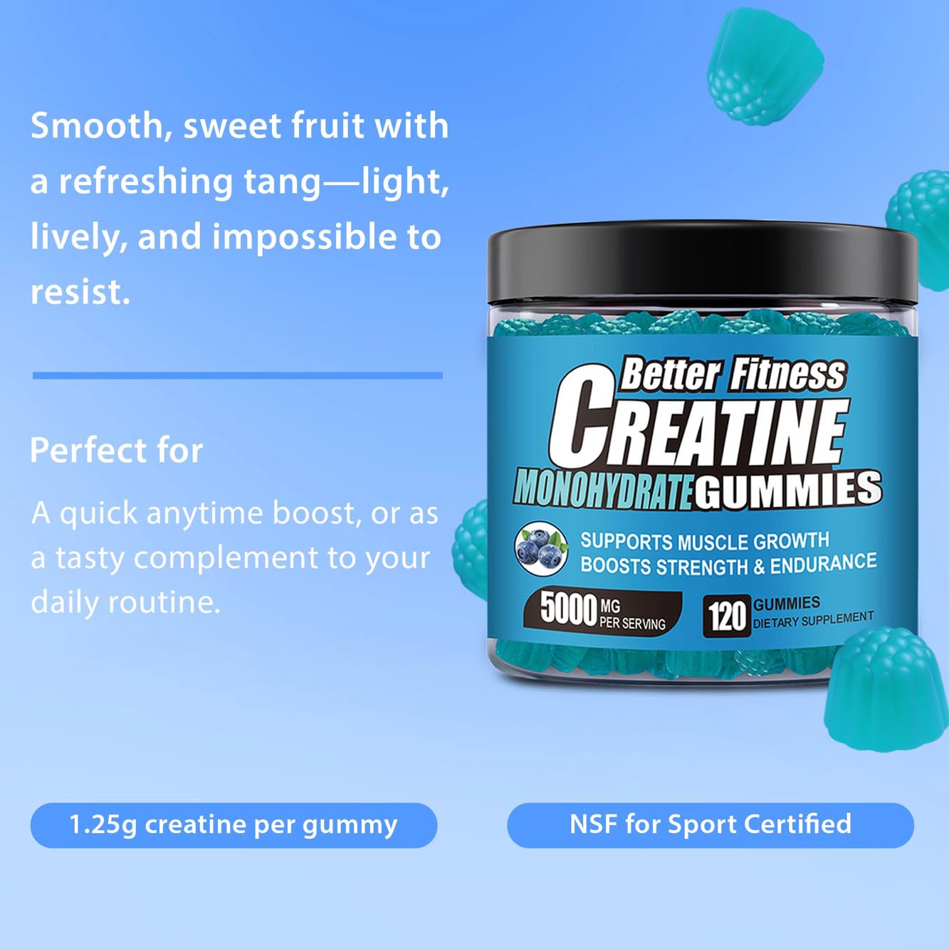 BetterFitness Creatine Gummies 5G per Serving with L-Taurine, Blueberry, 120 Count