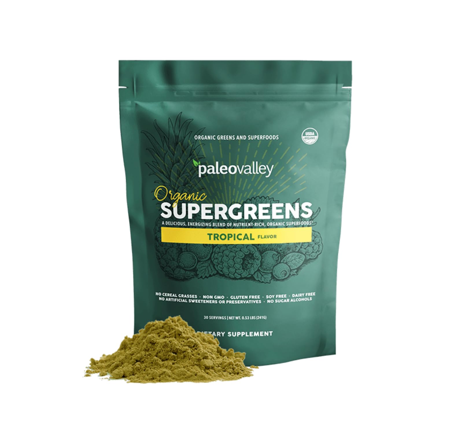 Paleovalley Organic Supergreens Powder with 23 Superfoods Tropical, 8.48 Ounce