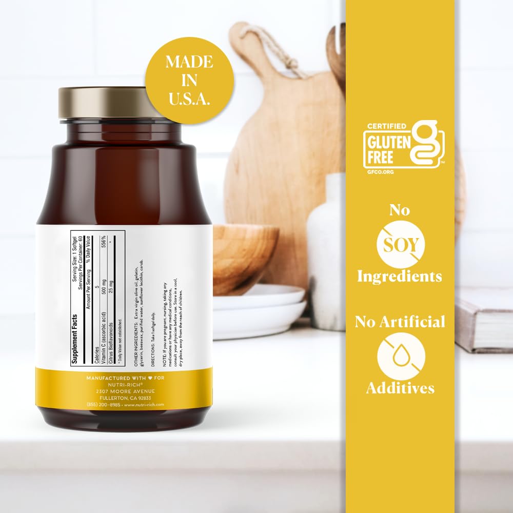 Nutri-Rich Vitamin C Supplement 500mg with 25mg Bioflavonoids, 60 Softgels