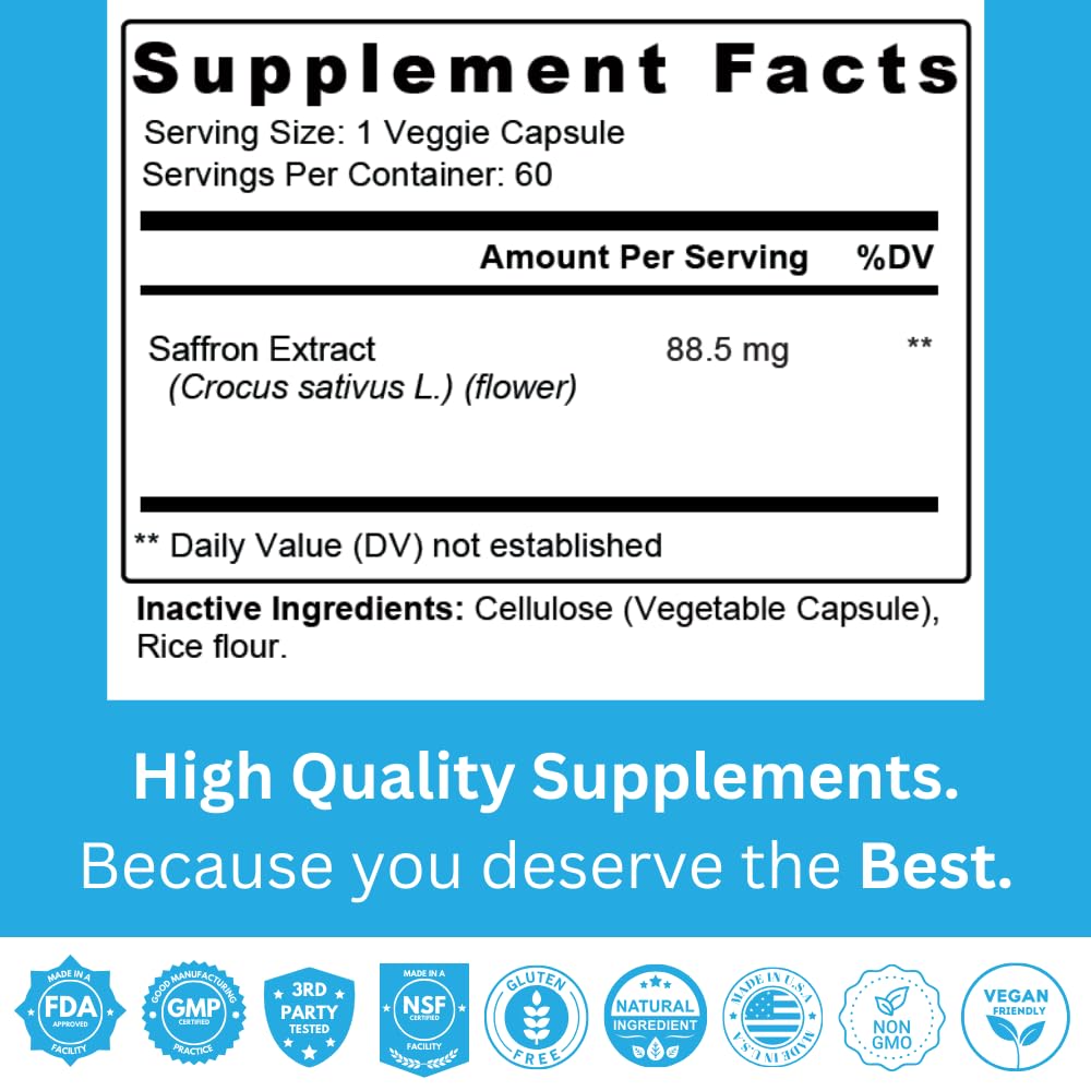 Staver Health Saffron Supplement 88.5 mg Saffron Extract Capsules, 60 Capsules