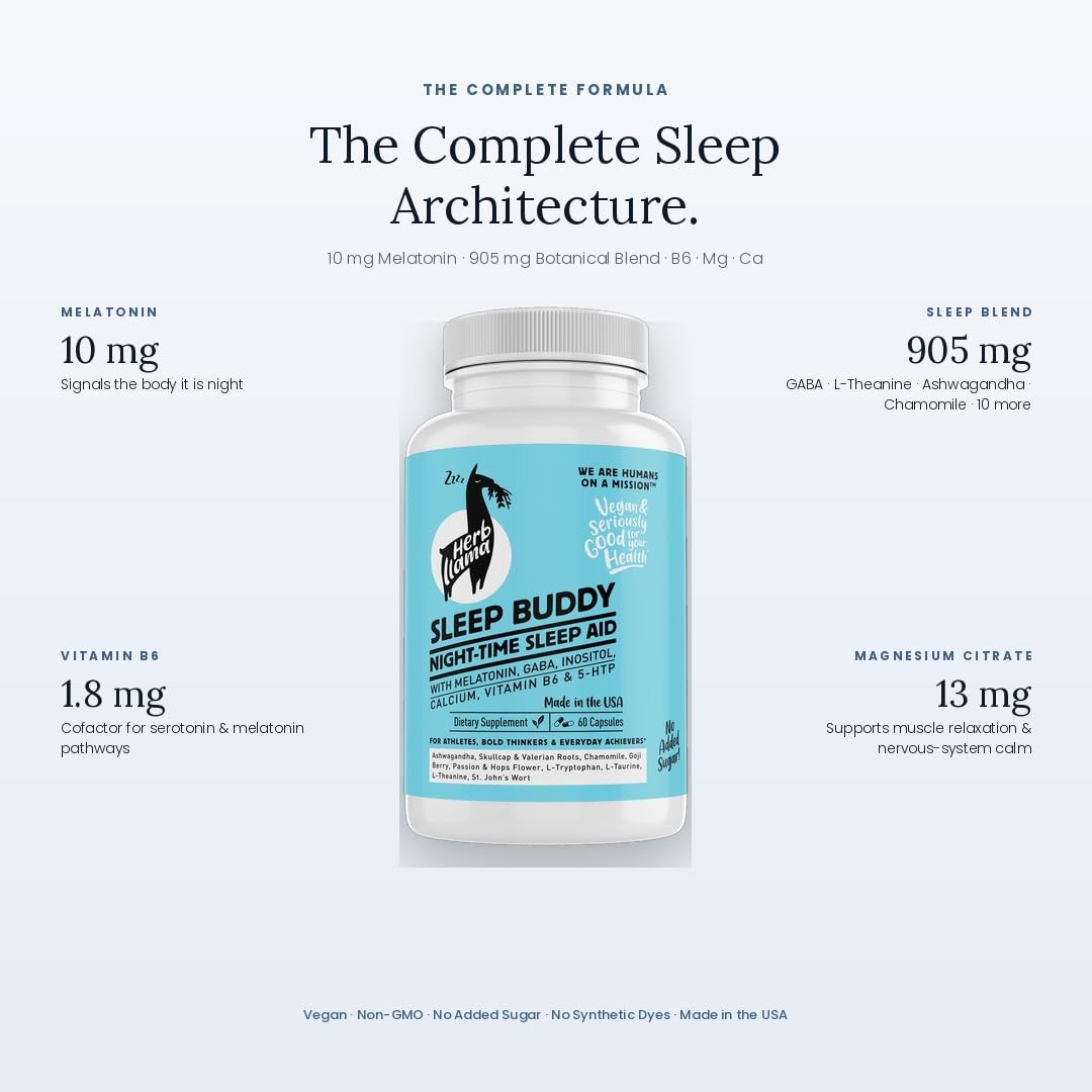 Herb Llama Sleep Buddy 8-Ingredient Natural Sleep Aid with Melatonin, Ashwagandha, GABA, 5-HTP Capsule, 1 Count