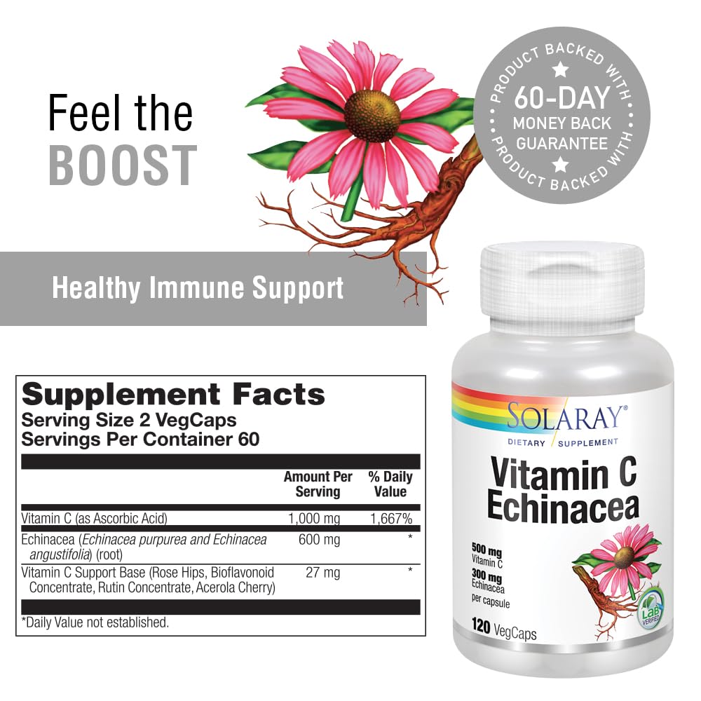 Solaray Vitamin C & Echinacea Root Supplement Capsule, 120 Capsules