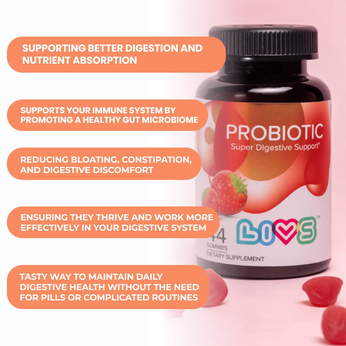 LIVS Probiotic Gummies for Women and Men – 5 Billion CFUs Bacillus Coagulans for Digestive Gut Health, Mood Support & Immune Boost, Strawberry Flavor, 44 Count