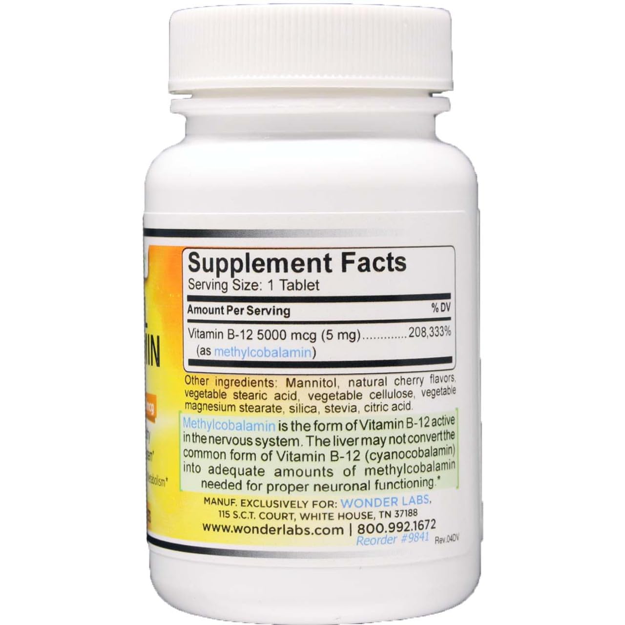 Wonder Laboratories Maximum Strength Methylcobalamin Vitamin B-12 Sublingual 5,000mcg 120 Tablets