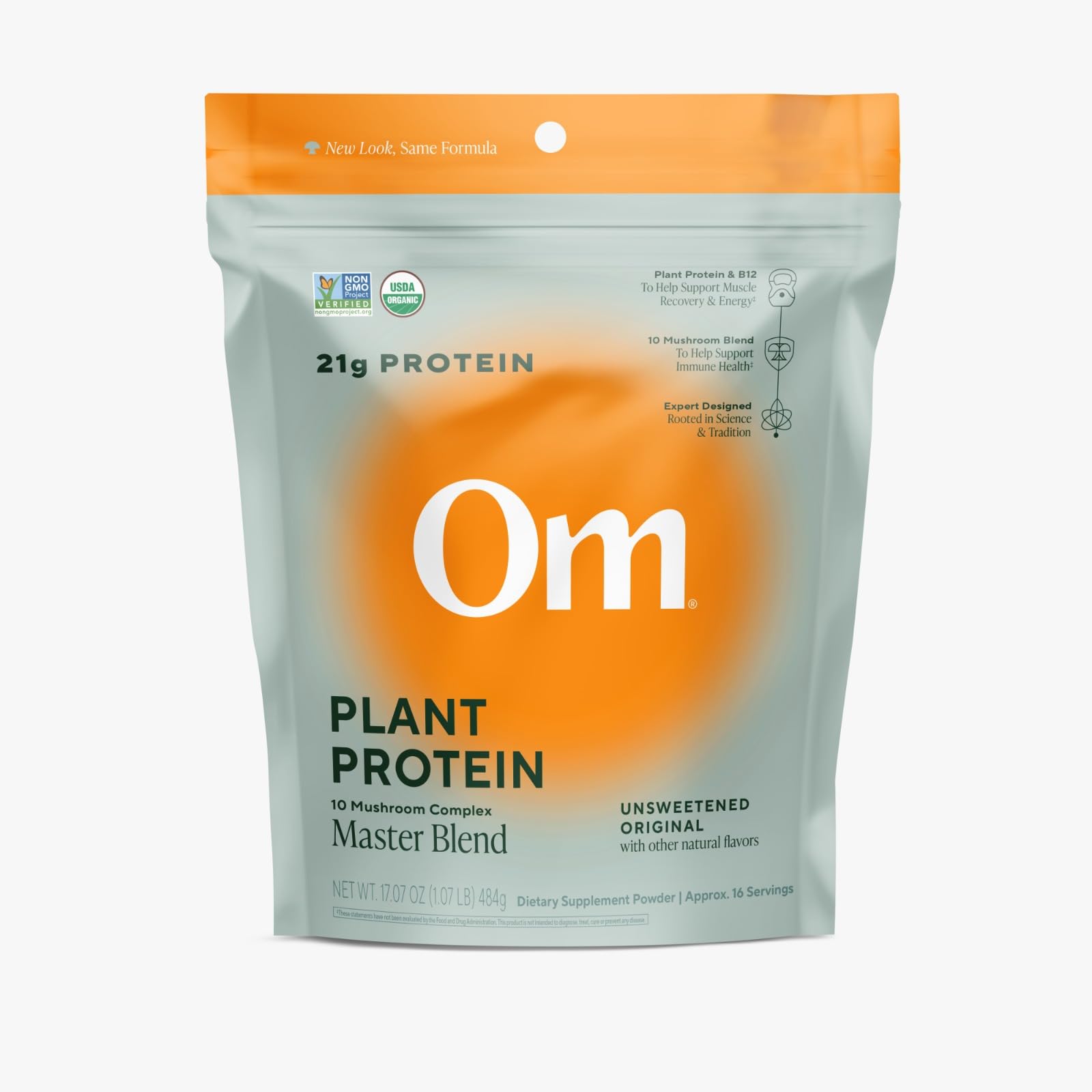 OM Mushroom Superfood Master Blend Vegan Protein Powder – Unflavored Plant Protein with 10 Mushrooms, Ashwagandha, BCAAs & B12 – Energy, Recovery & Immune Support – 1.2 lb (16 Servings)