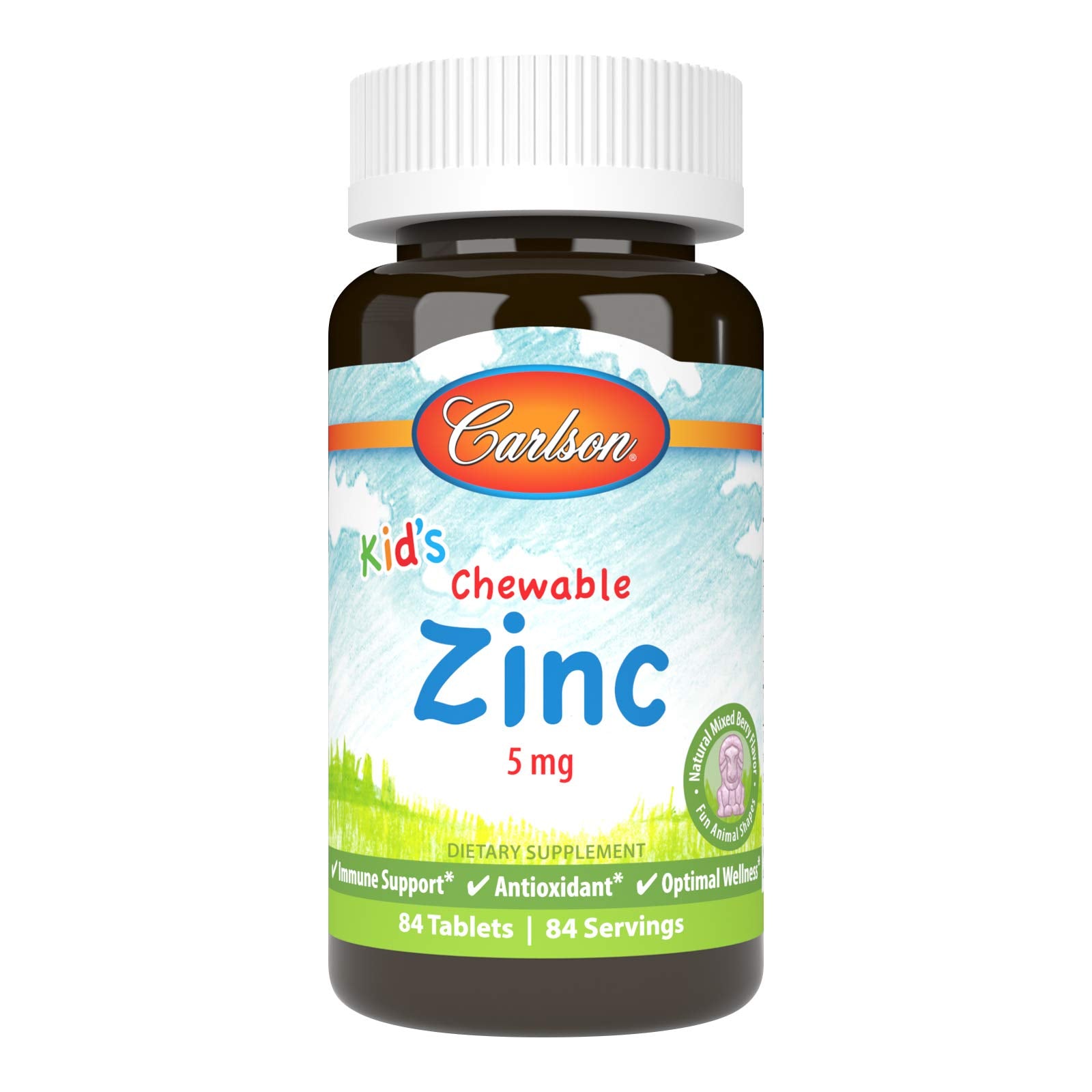 Carlson Kid's Chewable Zinc 5 mg Health Support Natural Mixed Berry Flavor Tablets, 84 Count